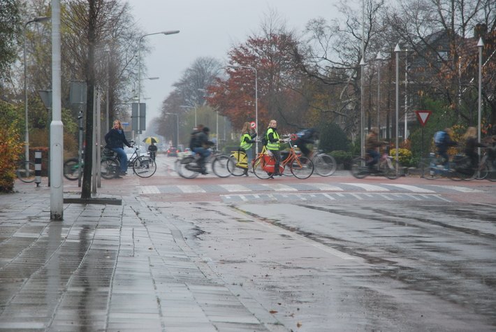 druk kruispunt en leerlingen als klaarover